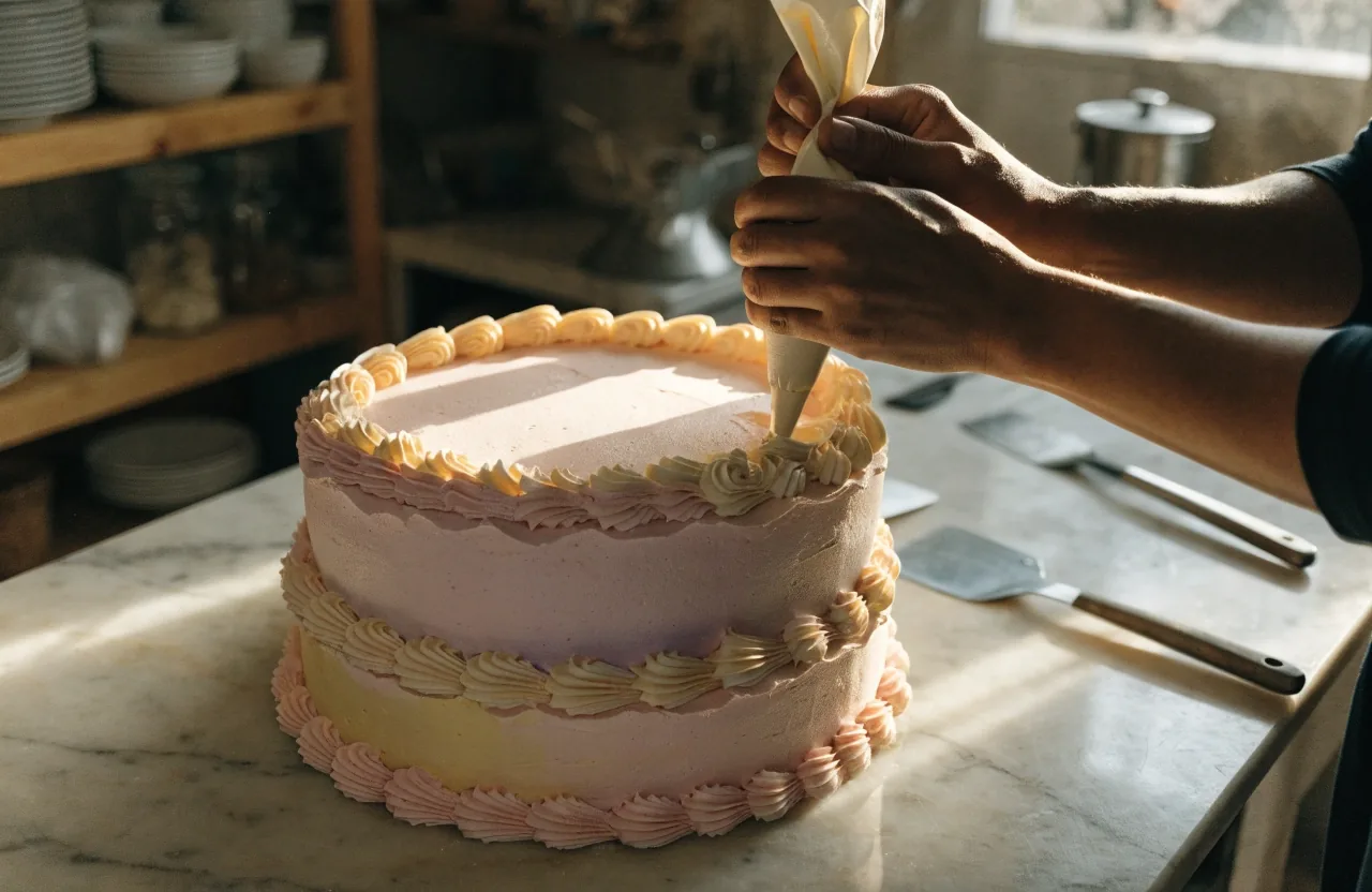 Manos decorando una torta por encargo con manga pastelera en el obrador de LBTW