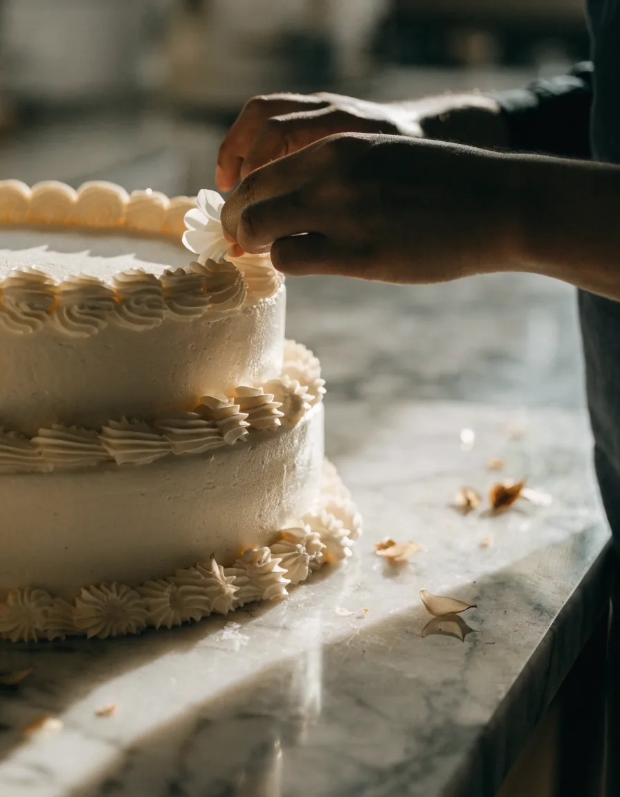 Repostera colocando la última flor fresca sobre un pastel de celebración