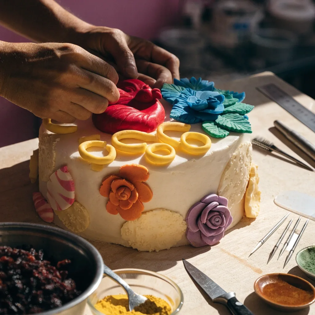 Detalle de un pastel con figuras modeladas en fondant y acabados 3D en una mesa de trabajo de repostería en Montes de Oca