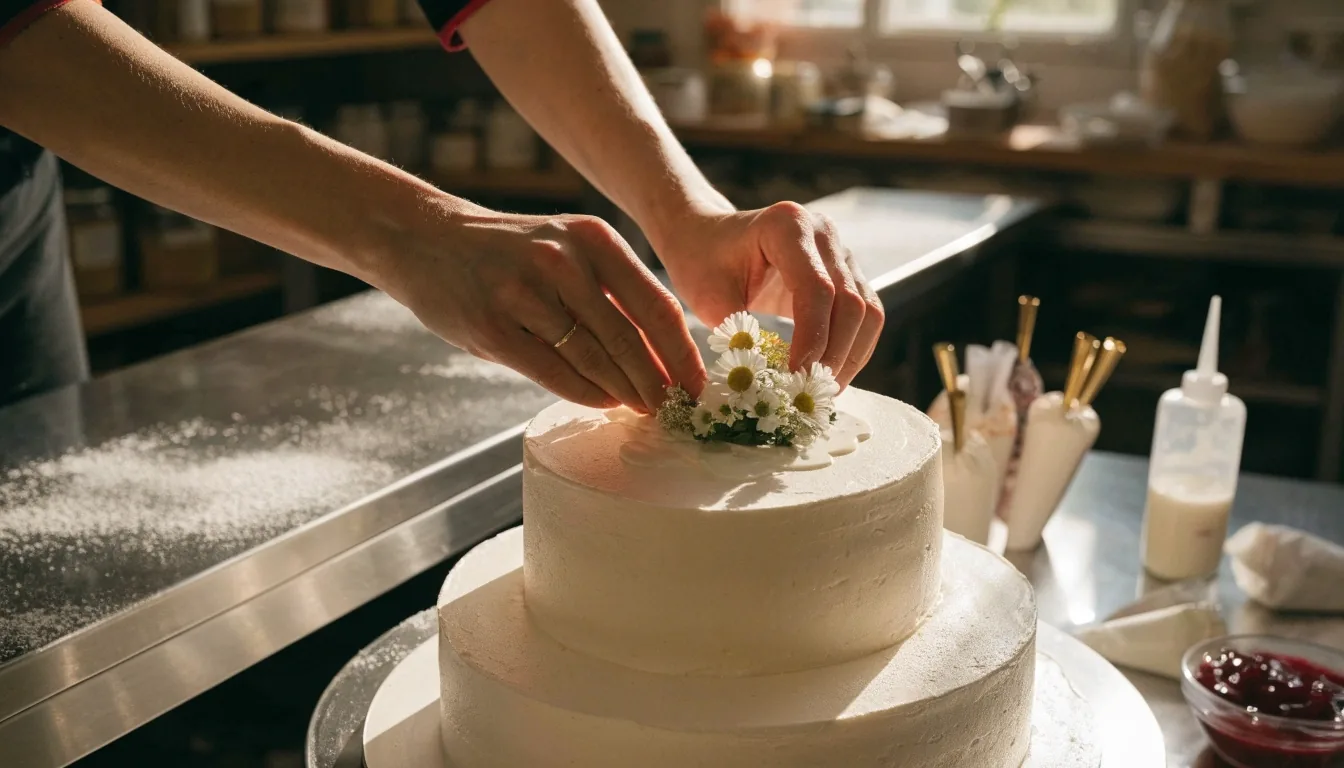 Mesa de postres con un pastel de dos pisos y flores naturales montada en un salón de eventos en Cartago