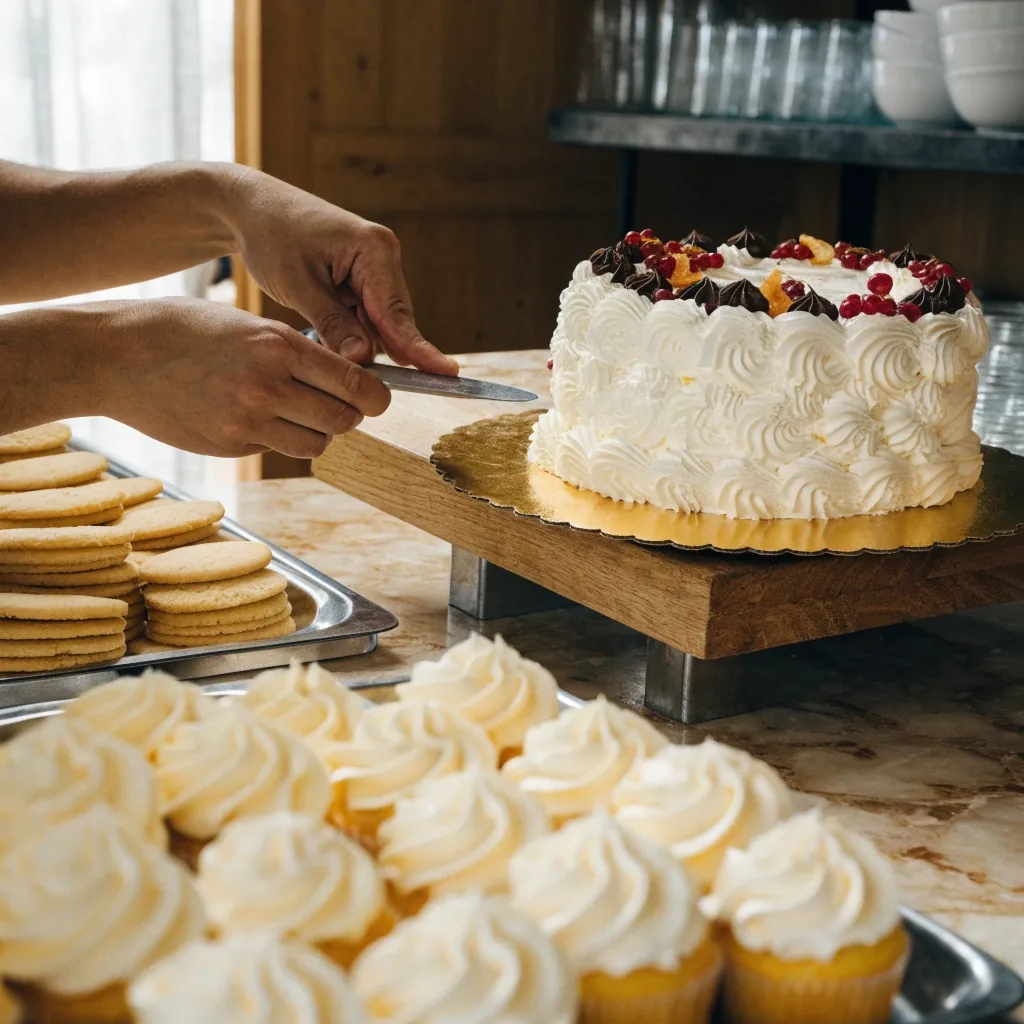 Pastelera colocando un pastel de celebración terminado junto a cupcakes y galletas de mantequilla en una repostería de San José