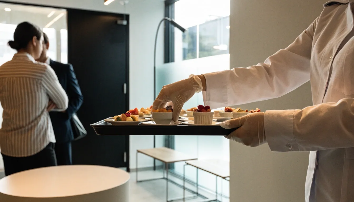 Estación de postres sobria en un evento corporativo con invitados conversando