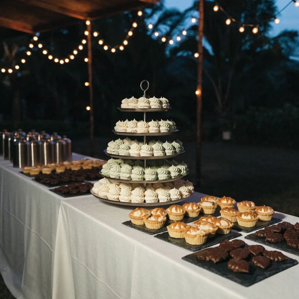 Mesa dulce de boda con torres de cupcakes, tartaletas y confites sobre una mesa larga bajo luces cálidas