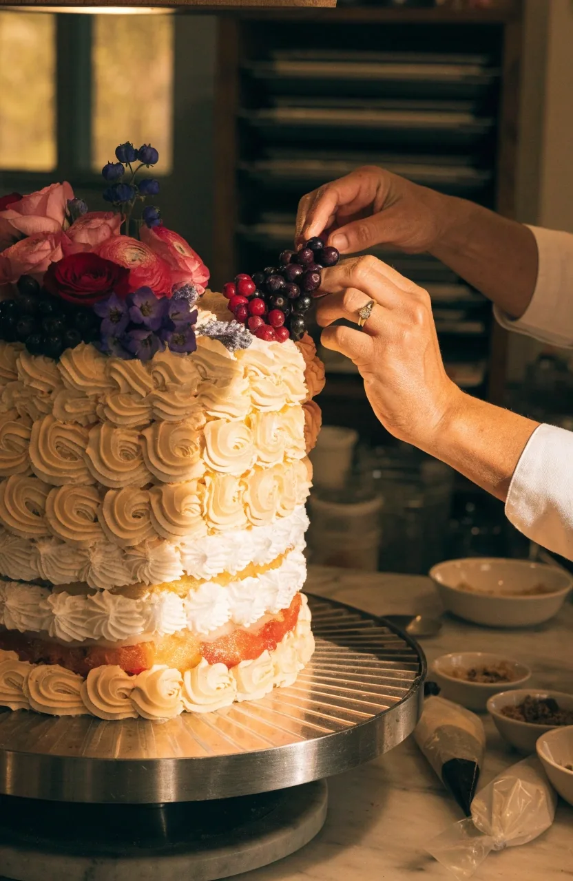 Mesa de postres montada para una celebración, con pasteles y cupcakes sobre mantelería de lino