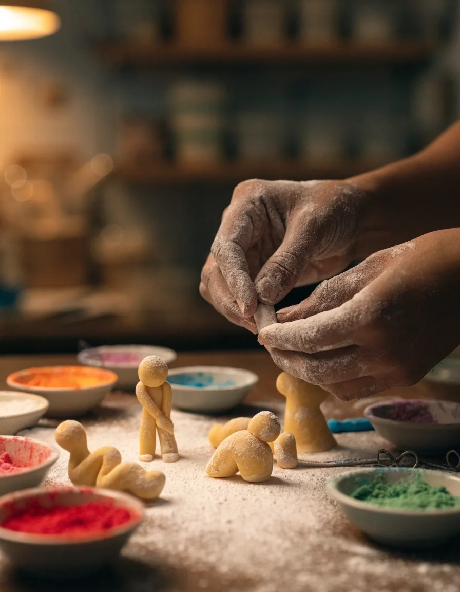 Manos colocando flores de azúcar modeladas sobre el piso superior de un pastel en el taller