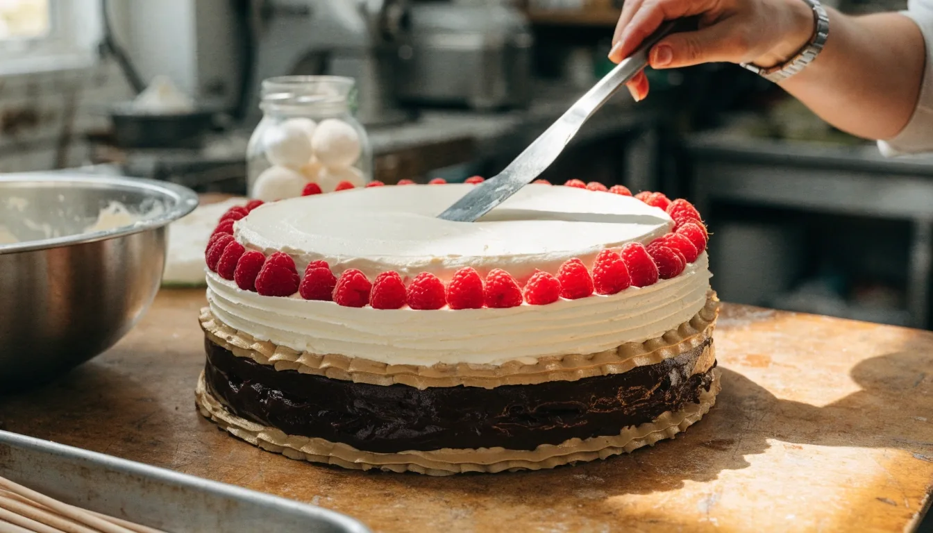 Mesa de trabajo de repostería con un pastel de capas a medio armar, un piso con ganache de chocolate y otro con crema de vainilla y frutos rojos