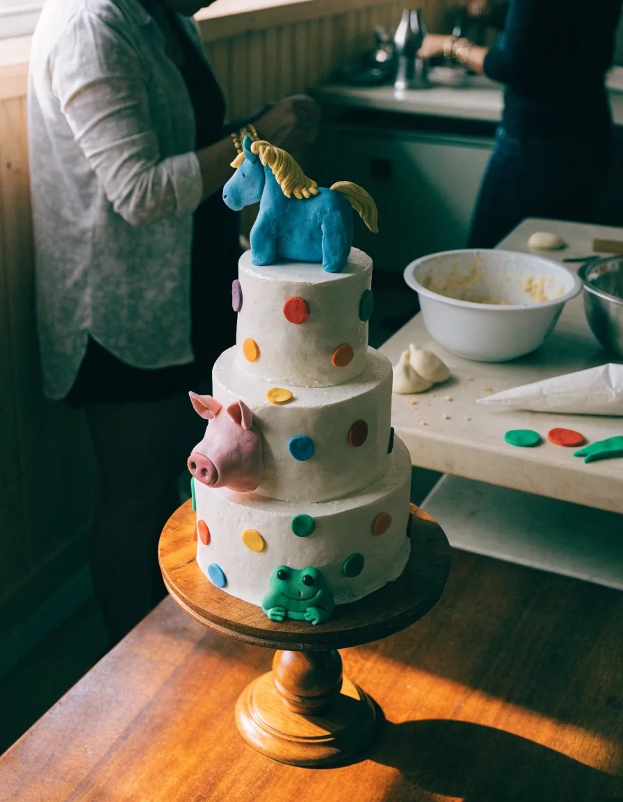 Pastel de cumpleaños temático de tres pisos con figuras modeladas en fondant sobre una base, junto a una manga pastelera en el taller