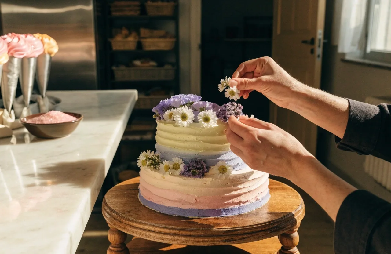 Pastel de celebración de dos pisos con buttercream y flores frescas sobre una mesa de madera junto a una ventana