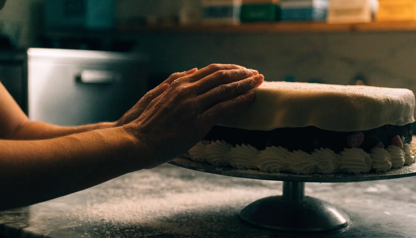 Mesa de trabajo de repostería con un pastel a medio cubrir y luz cálida de tarde