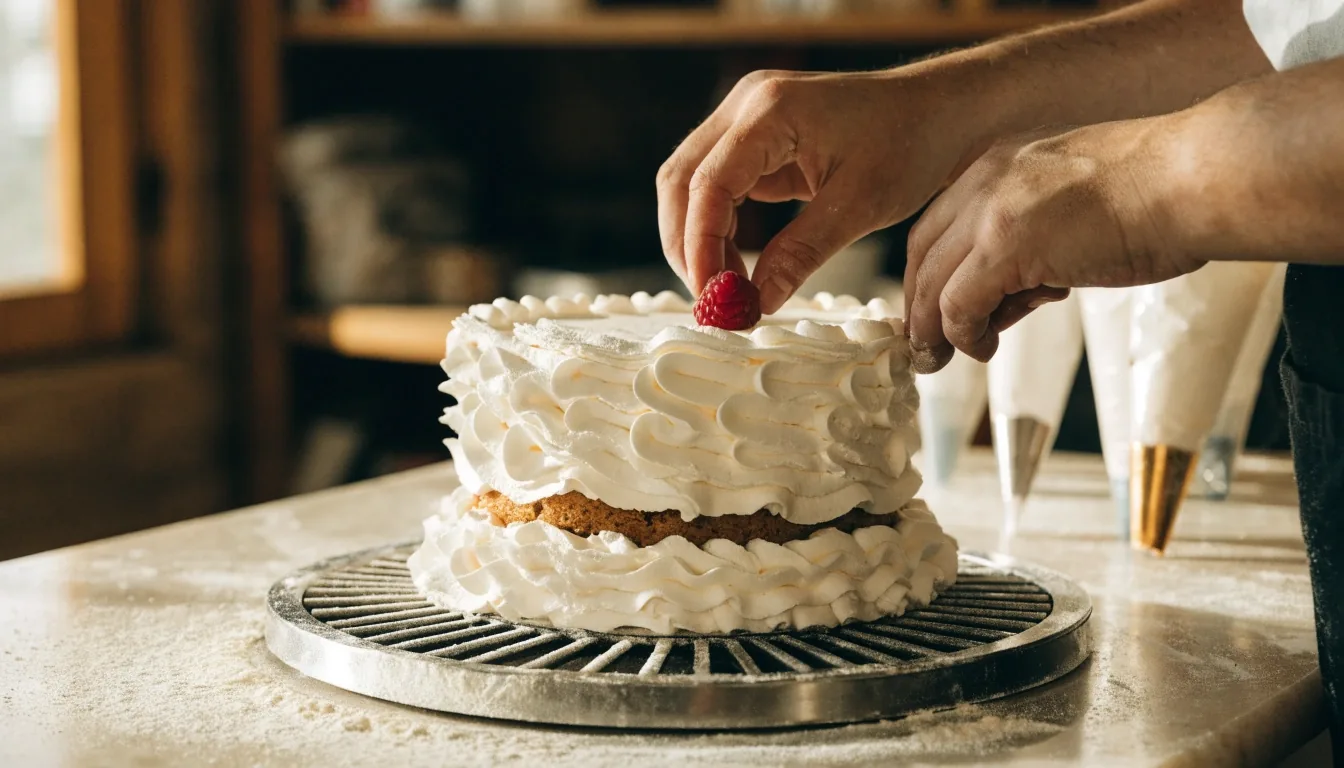 Pastel de celebración de dos pisos decorado con manga pastelera sobre una base giratoria
