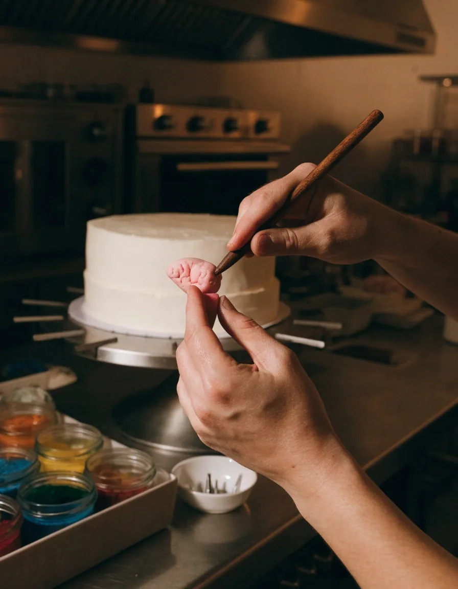 Repostera modelando una figura de fondant junto a una torta de dos pisos