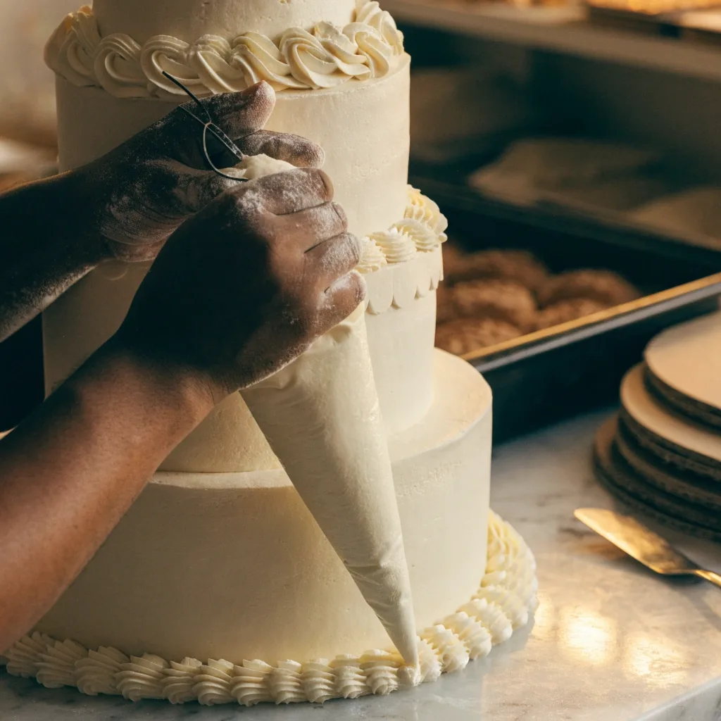 Manos de repostera decorando la base de un pastel de dos pisos sobre una mesa de mármol en la cocina de LBTW