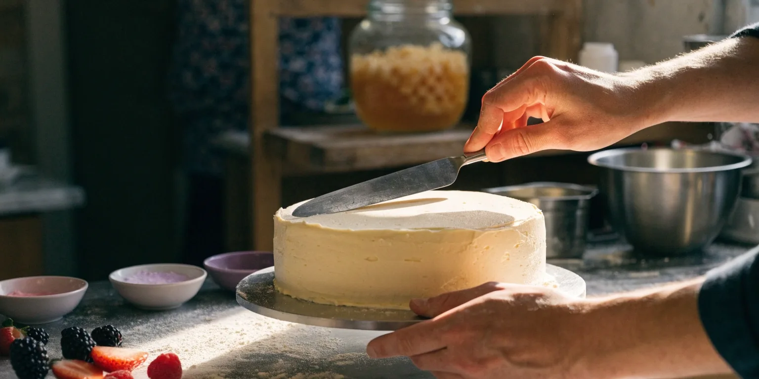 Repostera colocando un piso recién cubierto de crema sobre un plato giratorio en la cocina de LBTW