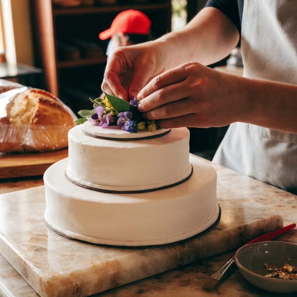 Torta de boda terminada con flores naturales y detalle de pan de oro sobre una mesa con mantelería