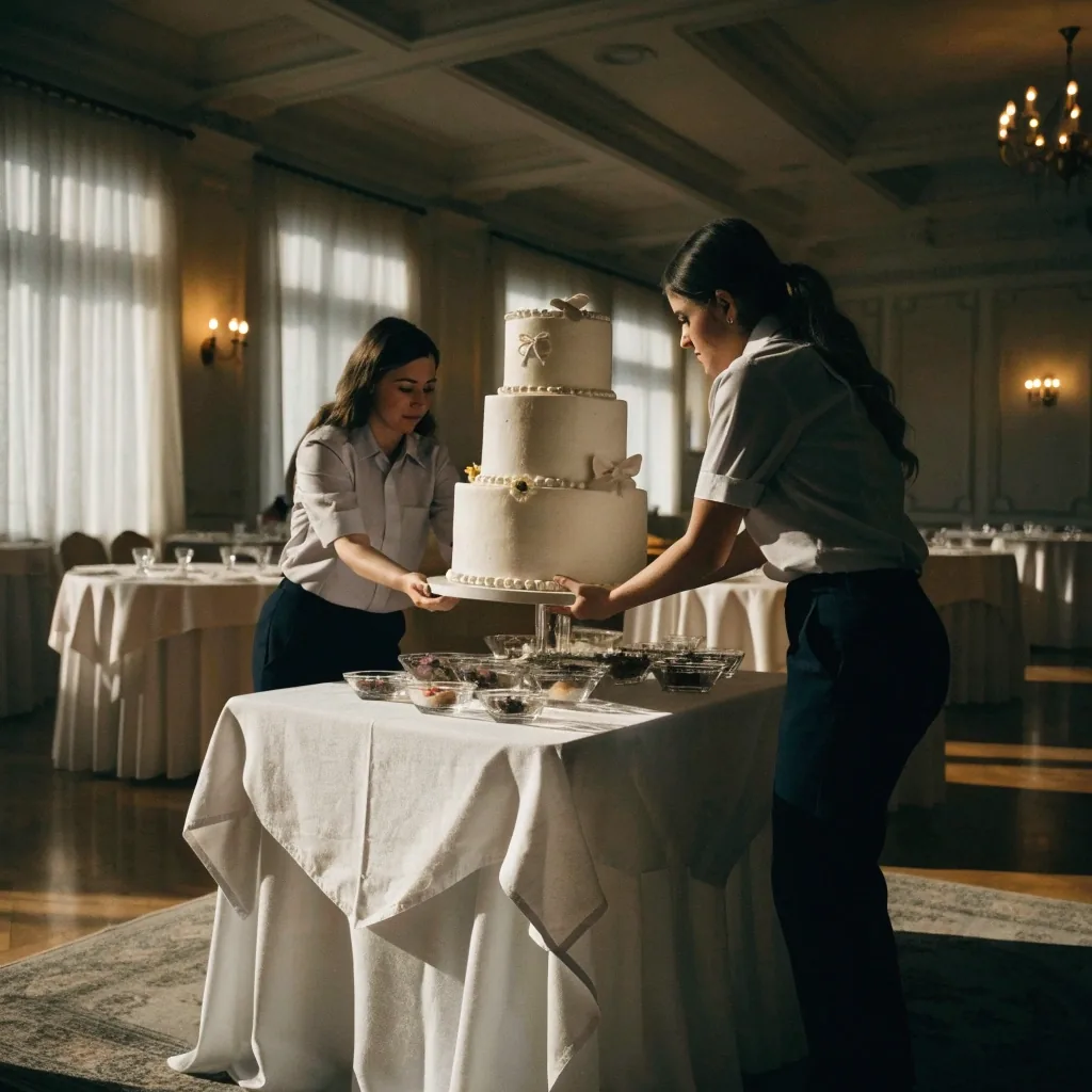 Torta de boda ya armada siendo colocada sobre la mesa de postres en un salón de eventos antes de que lleguen los invitados